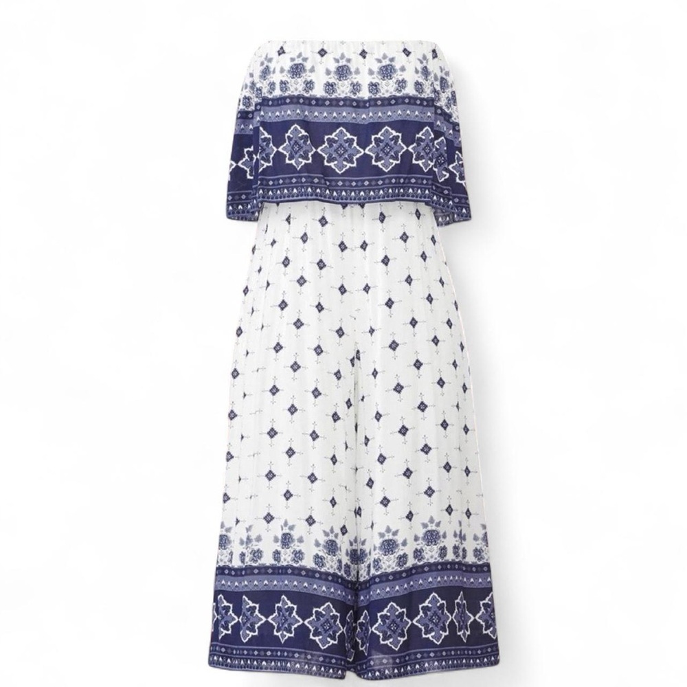 NWT Somedays Lovin Morning Tides Blue & White Wide Leg Flowy Jumpsuit — SMALL - Picture 3 of 6